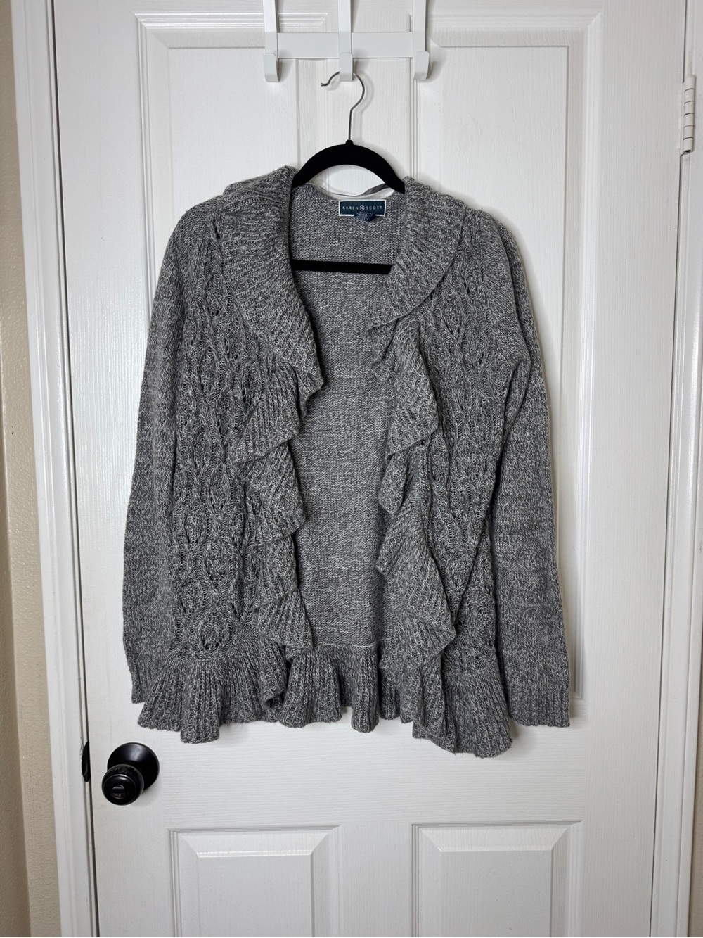 Karen Scott Gray Cable Knit Ruffle Cardigan Sweater – Size Small